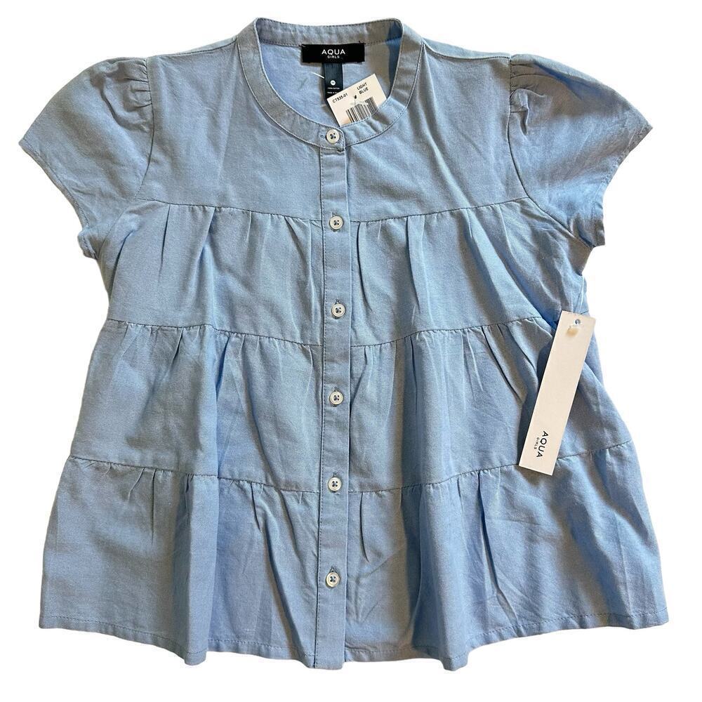 NWT Aqua Girls Blue Short Sleeve Tiered Top Medium